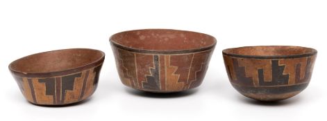 Peru, Nazca, 100-400 CE, three terracotta bowls,