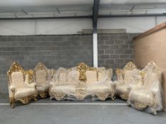Hand Carved Gilt Louis XV Style Sofa Set Gold Damask 3+1+1+1