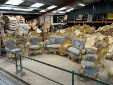 Gilt and Blue Sofa and 4 Chairs