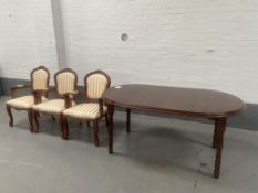 Mahogany Table + 3 Gold Stripe Mahogany Carved Armchairs