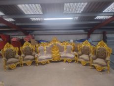 Gold and Taupe carved sofa and 4 chairs