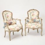 Pair of Louis XV Grey and Red Painted Fauteuils