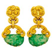 David Webb Pair of Hammered Gold and Carved Jade Pendant-Earclips