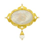 Elizabeth Locke Hammered Gold, Carved Mother-of-Pearl, Cultured Pearl and Diamond Pendant Clip-Brooc