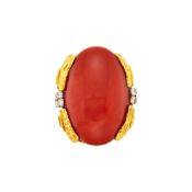 David Webb Hammered Gold, Platinum, Oxblood Coral and Diamond Ring