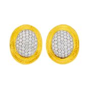 David Webb Pair of Hammered Gold, Platinum and Diamond Earclips