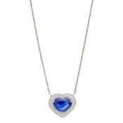 White Gold, Kashmir Sapphire and Diamond Heart Pendant with Chain Necklace