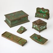 Group of Tiffany Studios Etched Metal and Favrile Glass Desk Articles