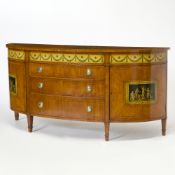 George III Style Painted Polychrome Painted Satinwood Inlaid Demi-Lune Commode