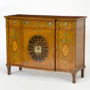 Edwardian Calamander, Tulipwood Inlaid and Polychrome Painted Satinwood Breakfront Side Cabinet
