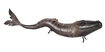 A LARGE INDIAN ARTICULATED SILVERED-METAL MODEL OF A FISH20TH CENTURYWith hinged jawapproximately
