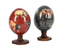 λ SHERRY ROWE (SOUTH AFRICAN, CONTEMPORARY), TWO MODERN DECOUPAGE OSTRICH EGGS