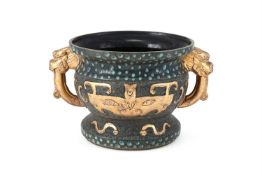 A CHINESE GLAZED BRONZE TWO-HANDLED ARCHAISTIC STYLE PLANTER, 20TH CENTURY