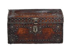 A CONTINENTAL LEATHER BOUND, STUDDED AND BRASS MOUNTED BOX, 18TH CENTURY