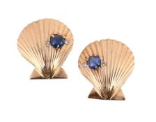 A PAIR OF SAPPHIRE AND DIAMOND SHELL EARRINGS