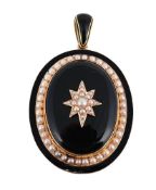 A MID VICTORIAN HALF PEARL, ONYX AND BLACK ENAMEL LOCKET PENDANT