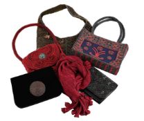FIVE BEADED HANDBAGS AND A SCARF