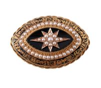 A VICTORIAN ONYX, HALF PEARL AND BLACK ENAMEL BROOCH, CIRCA 1870