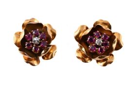 A PAIR OF RUBY AND DIAMOND CLUSTER FLOWERHEAD EARRINGS