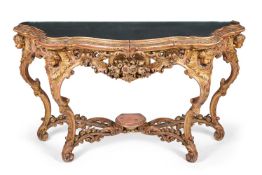 A NORTH EUROPEAN CARVED GILTWOOD SERPENTINE SIDE TABLE, MID-20TH CENTURY OF LOUIS XV STYLE