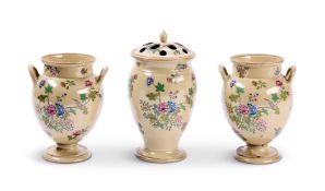 A GARNITURE OF THREE WEDGWOOD DRABWARE POT PORURI VASES AND COVERS, EARLY 19TH CENTURY