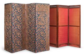 Y A VICTORIAN INDIAN ROSEWOOD AND RUST VELVET FOUR PANEL SCREEN, SECOND HALF 19TH CENTURY