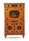 A DUTCH SATINWOOD, EBONISED AND BLACK AND GILT-LACQUER SECRETAIRE CABINET