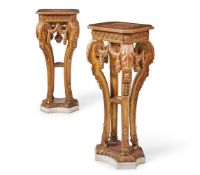 A PAIR OF CARVED GILTWOOD AND WHITE MARBLE PEDESTALS OF LOUIS XVI STYLE