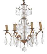 A GILT BRASS AND CUT GLASS MOUNTED SIX LIGHT CHANDELIER, 20TH CENTURY