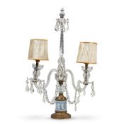 A CUT GLASS, PALE BLUE JASPER & GILT METAL TWIN BRANCH CANDELABRUM, IN THE MANNER OF PARKER & PERRY