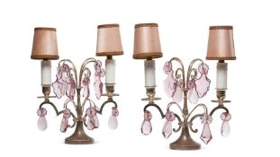 A PAIR OF CUT GLASS MOUNTED SILVERED TWIN LIGHT TABLE LIGHTS, 20TH CENTURY