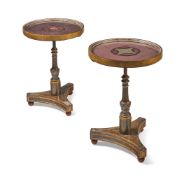 A PAIR OF ENGLISH BROWN-PAINTED AND PARCEL-GILT TRIPOD TABLES, THE BASES REGENCY