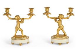 A PAIR OF ORMOLU AND MARBLE TWO LIGHT CANDELABRA, IN LOUIS XVI STYLE, CIRCA 1870