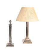 TWO SILVER PLATED CLASSICAL COLUMN LAMPS, 20TH CENTURY