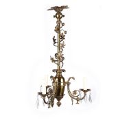 A VICTORIAN BRASS THREE LIGHT CHANDELIER, SECOND HALF 19TH CENTURY