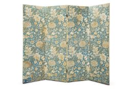 A FOUR FOLD SCREEN COVERED IN ORIGINAL MORRIS & Co. PRINTED 'CHERWELL' LINEN, LATE 19TH CENTURY