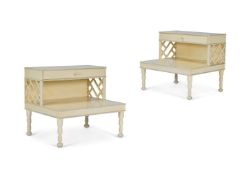 A PAIR OF CREAM AND BLUE PAINTED BEDSIDE TABLES OF LARGE SIZE, CIRCA 1970s