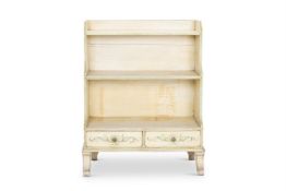 A CREAM PAINTED, GREEN AND BLACK LINE DECORATED WATERFALL OPEN BOOKCASE, ENGLISH, EARLY 19TH CENTURY