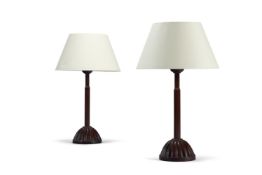 A PAIR OF SOFTWOOD REEDED COLUMN CANDLESTICK LAMPS OF LARGE SIZE, JAPANESE