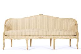 A CREAM, GREEN AND BLUE PAINTED SERPENTINE SOFA, FRENCH, LATE 19TH CENTURY, IN THE LOUIS XV STYLE