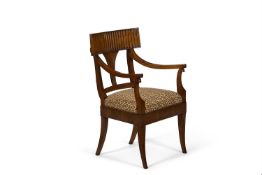 A WALNUT OPEN ARMCHAIR, ITALIAN, FIRST HALF 19TH CENTURY