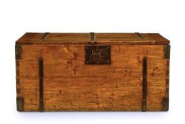 AN IRON-BOUND PINE COFFER OF LARGE SIZE, ITALIAN, 19TH CENTURY