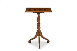 Y AN EBONY, BURR ELM AND MAHOGANY TRIPOD GAMES TABLE, ENGLISH, MID 19TH CENTURY