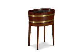 A GEORGE III BRASS-BOUND MAHOGANY COOPERED WINE COOLER ON STAND, LATE 18TH CENTURY