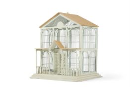A PAINTED WOOD AND WIRE BIRDCAGE IN THE FORM OF A PAVILION, 20TH CENTURY