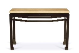 A BLACK-LACQUERED METAL CONSOLE TABLE WITH TRAVERTINE TOP, MODERN
