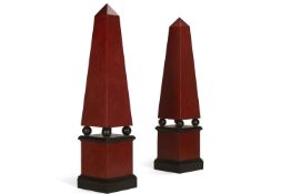 A PAIR OF FAUX PORPHYRY AND BLACK PAINTED FLOOR STANDING WOODEN OBELISKS OF LARGE SIZE, MODERN