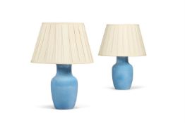 TWO SIMILAR BLUE GLAZED POTTERY LAMPS, MODERN