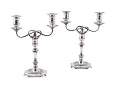 A PAIR OF VICTORIAN SILVER TWIN LIGHT CANDELABRA