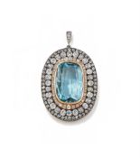 A RUSSIAN AQUAMARINE AND DIAMOND PENDANT/BROOCH